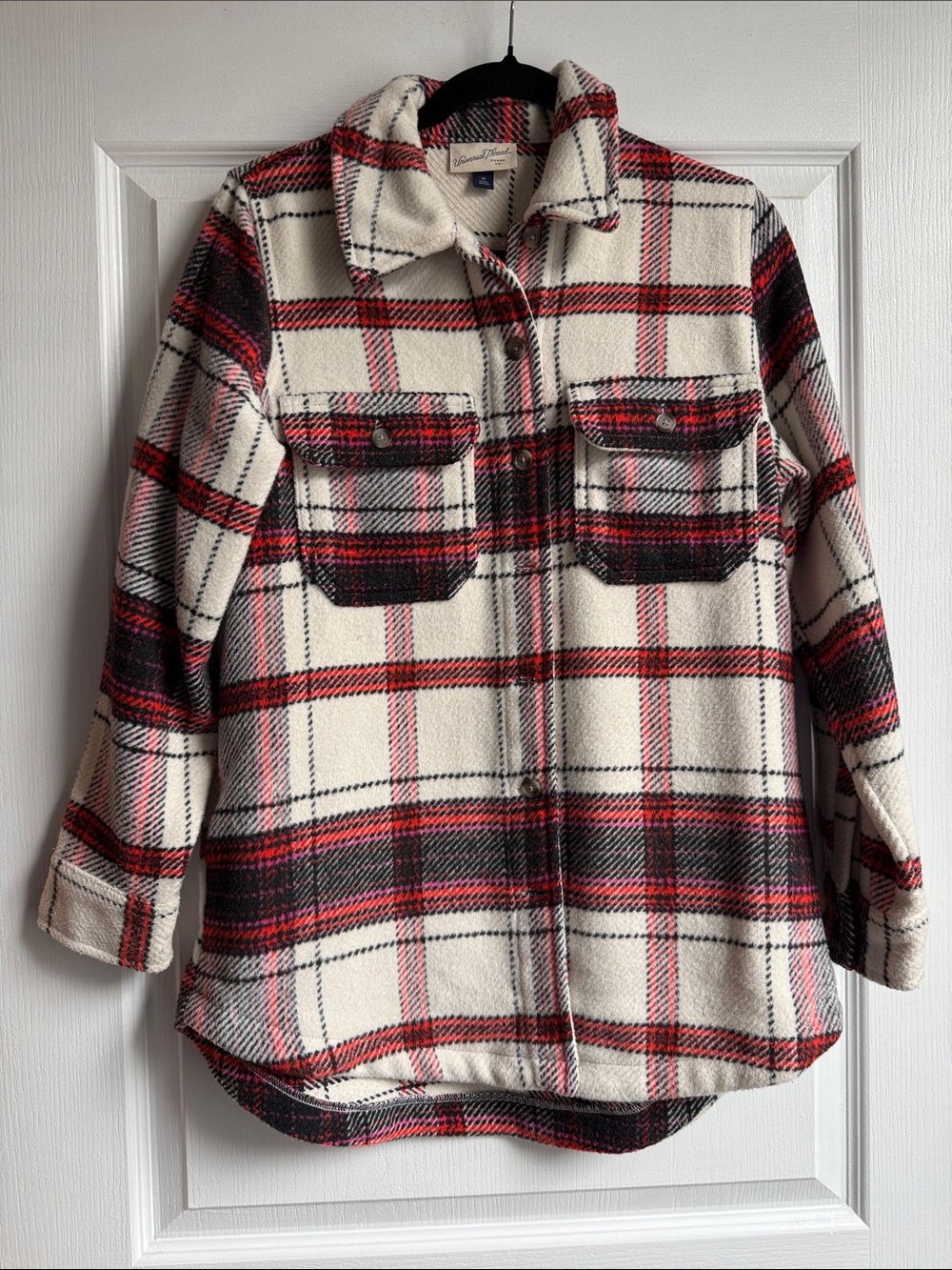 Universal Thread Cream Plaid Utility Jacket with Red & Black Accents